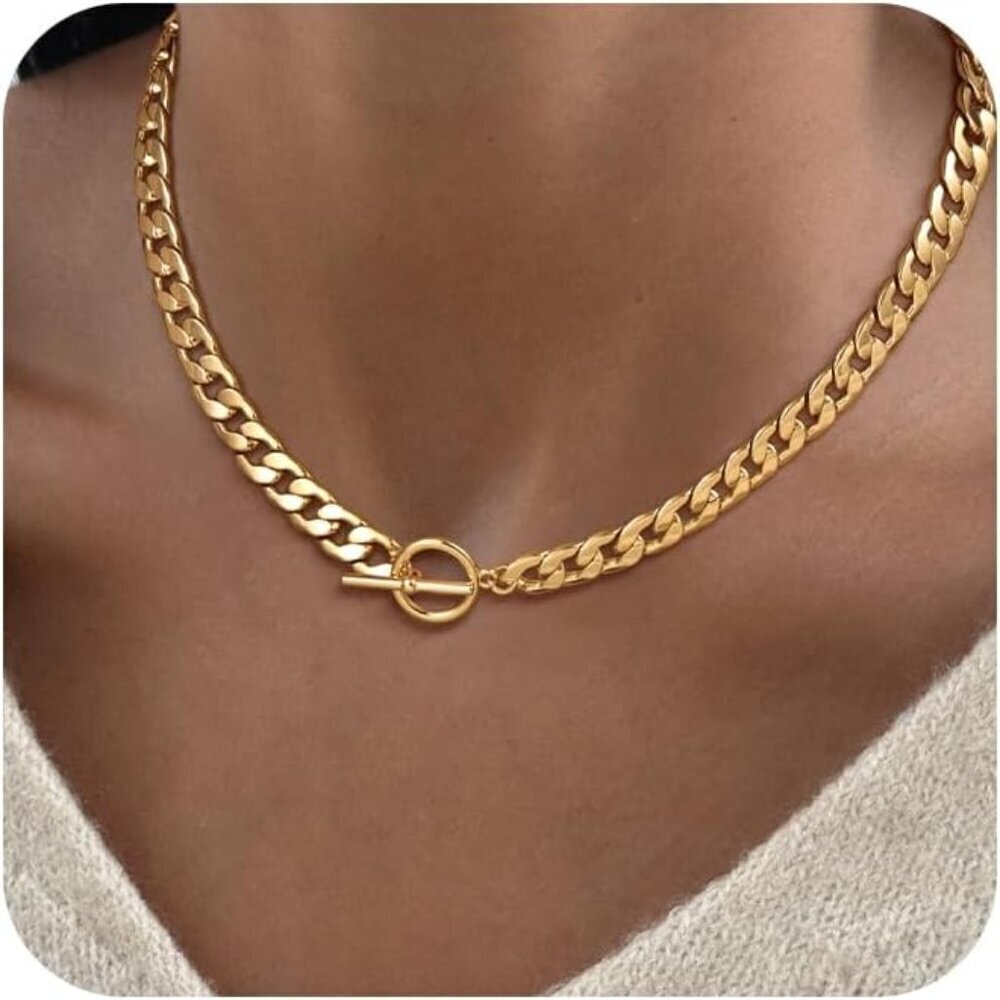 🆕 Women Gold Heart Pendant Necklace Thick Cross Herringbone Cuban Chain Jewelry